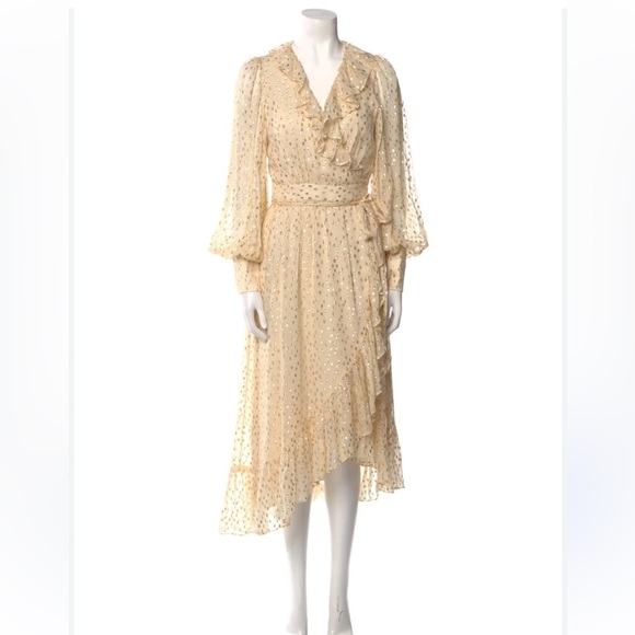 STUNNING Zimmermann Cream Long Sleeve Wrap Dress with Shining Gold Accents - Picture 1 of 16